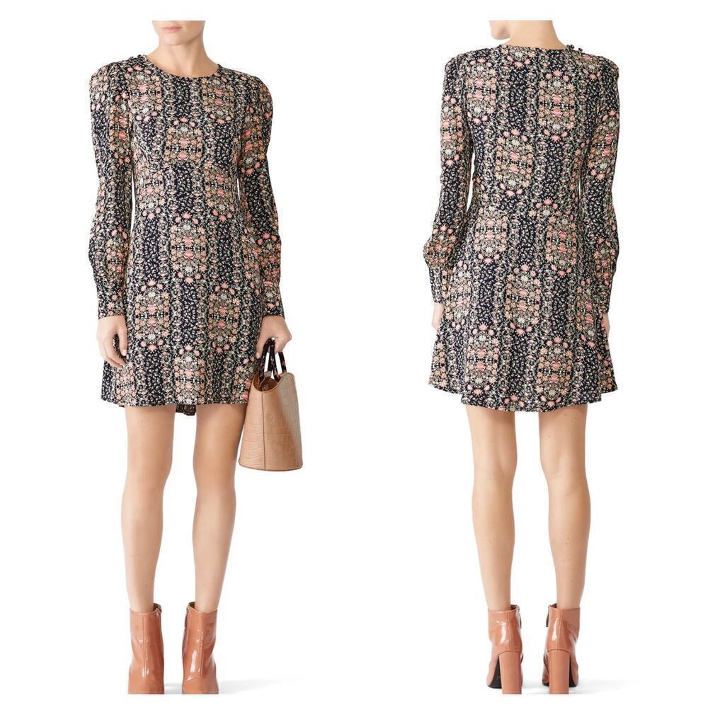 Flynn Skye Dress Love Daze Lydia Mini Floral Rayon Long Sleeve Black Pink S